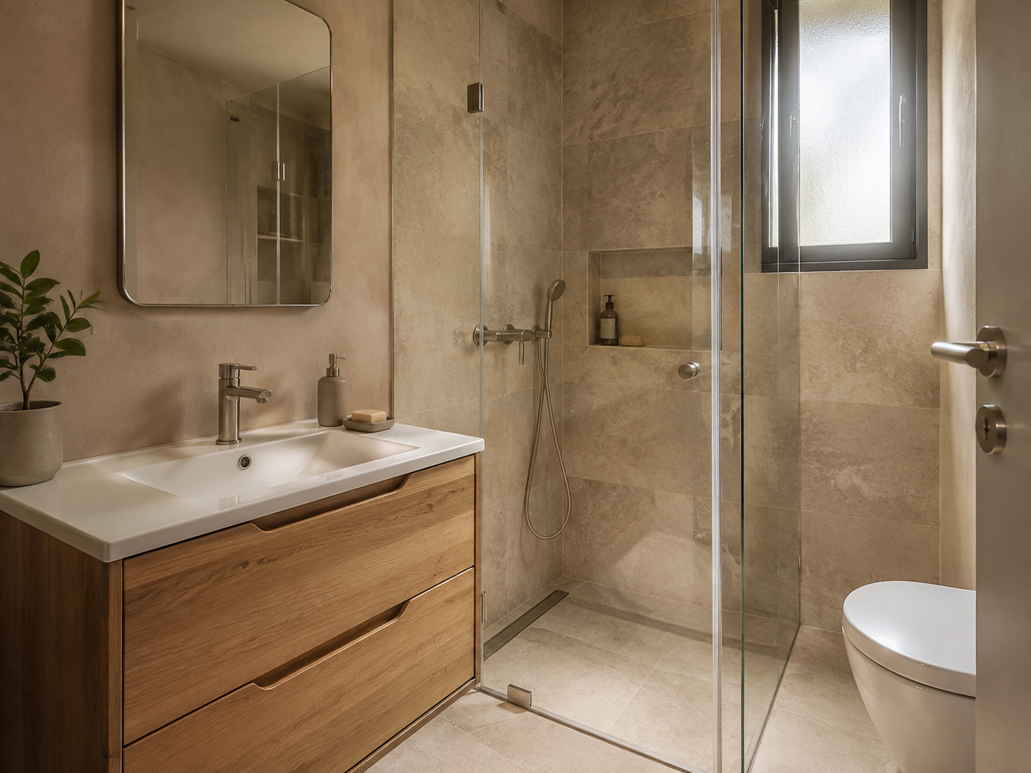 Traverten görünümlü seramik ve meşe dolapla yenilenmiş banyo